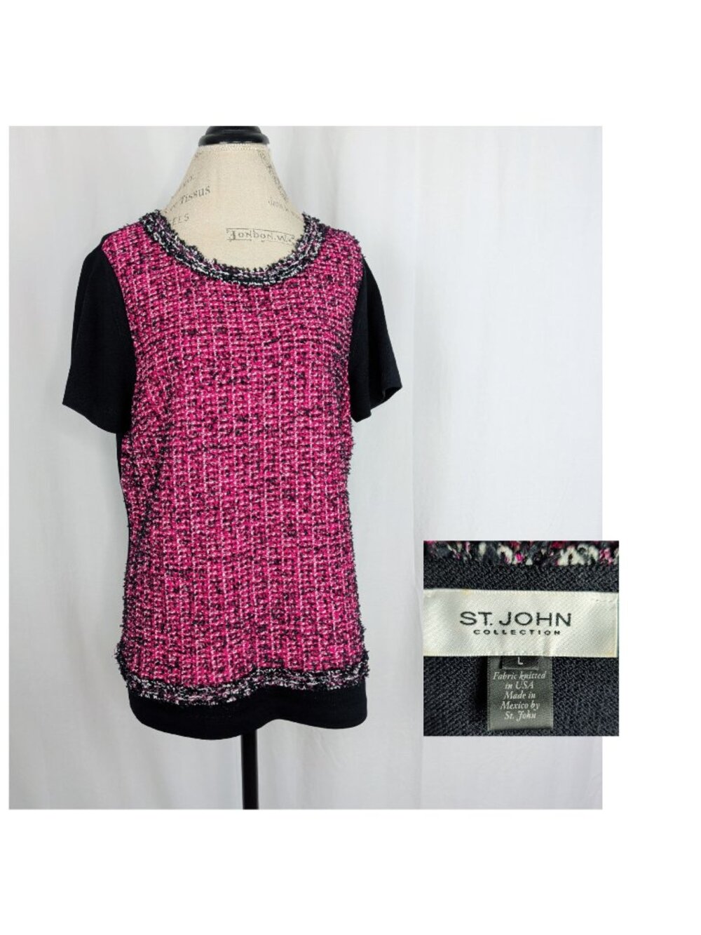 St John Tweed Pink Top Large Textured Black Knit